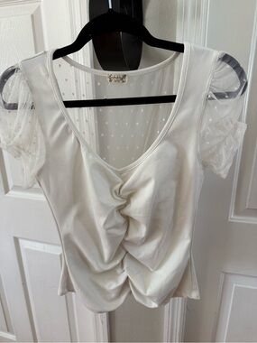 Free People Ivory Ruched Front Mesh Sleeve Top